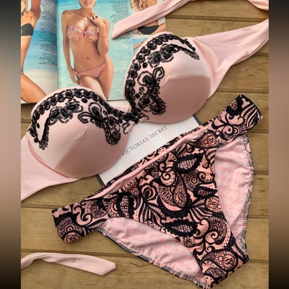 Victoria's Secret Other - RARE Victoria's Secret Blush and Black Lace Bikini Set.